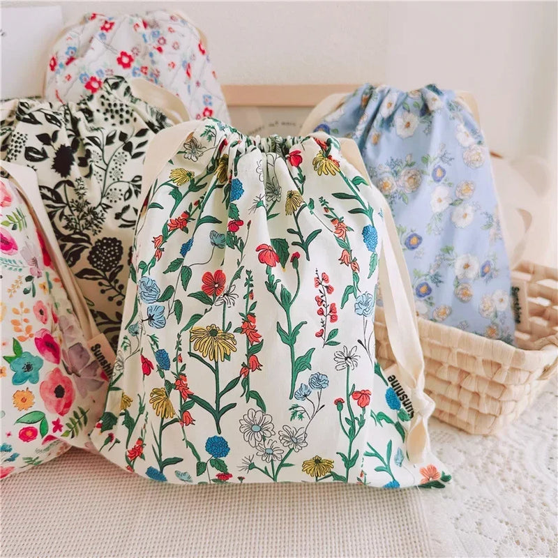 Portable Organizer for Underwear Socks Bra Cotton Makeup Bag Travel Drawstring Bags Ins Flower Print Clothes Cosmetic Bags 2025