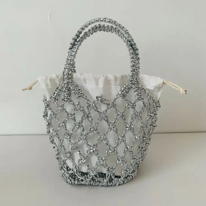 Fashion Portable Large Capacity Storage Bag Woven Bag Drawstring Bag Weave Bucket Bag Simple Beach Bag Women Girls Handbag