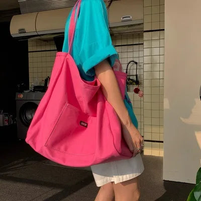 Canvas Tote Bag Candy Color Women's Large Capacity Shoulder Crossbody Handbag