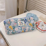 Fashion Blue Fresh Flower Make-up Bag Makeup Brush Organizer Cosmetic Storage Bag Student Large Capacity Pen Bag Pencil Pouch