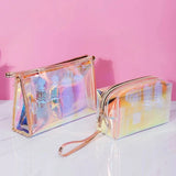 PVC Waterproof Transparent Cosmetic Bag Wash Toiletry Makeup Bag Organizer Female Girls Laser Color Zipper Make Up Beauty Case