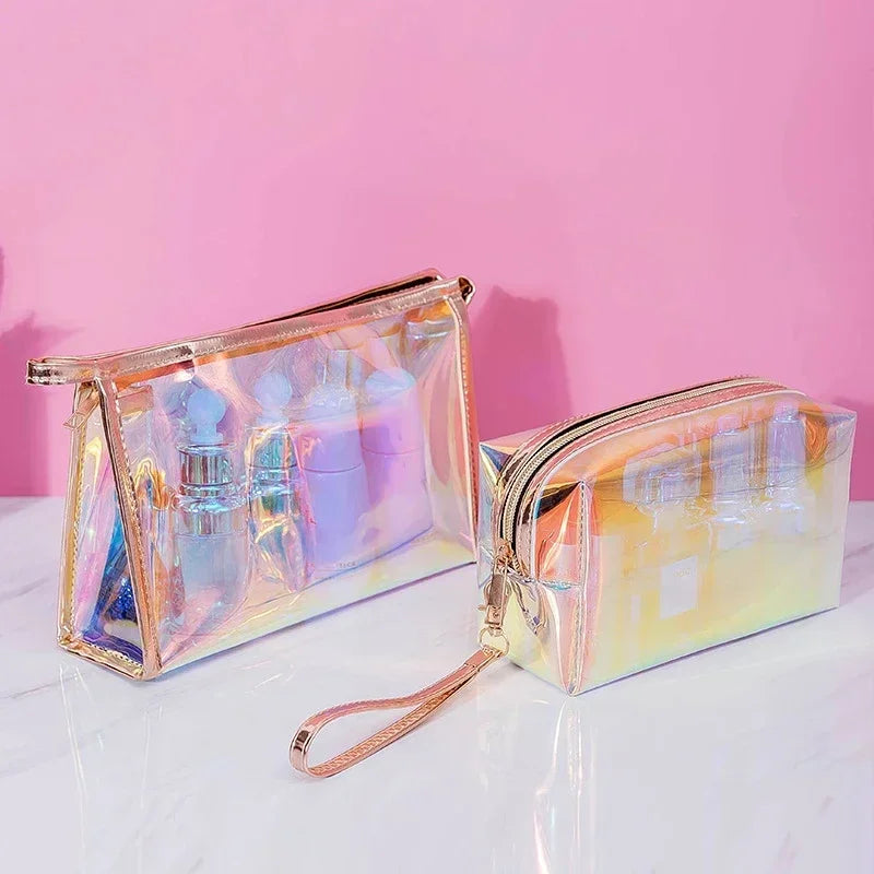 PVC Waterproof Transparent Cosmetic Bag Wash Toiletry Makeup Bag Organizer Female Girls Laser Color Zipper Make Up Beauty Case