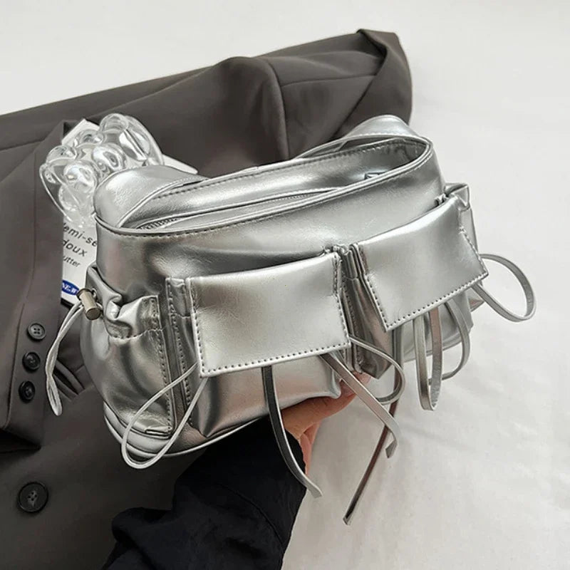 Double Pockets Design PU Leather Shoulder Bags for Women 2025 New Fashion Trend Crossbody Bag Females Silver Handbags