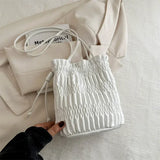 Silver PU Leather Drawstring Bucket Bag - Women's Designer Shoulder Handbag