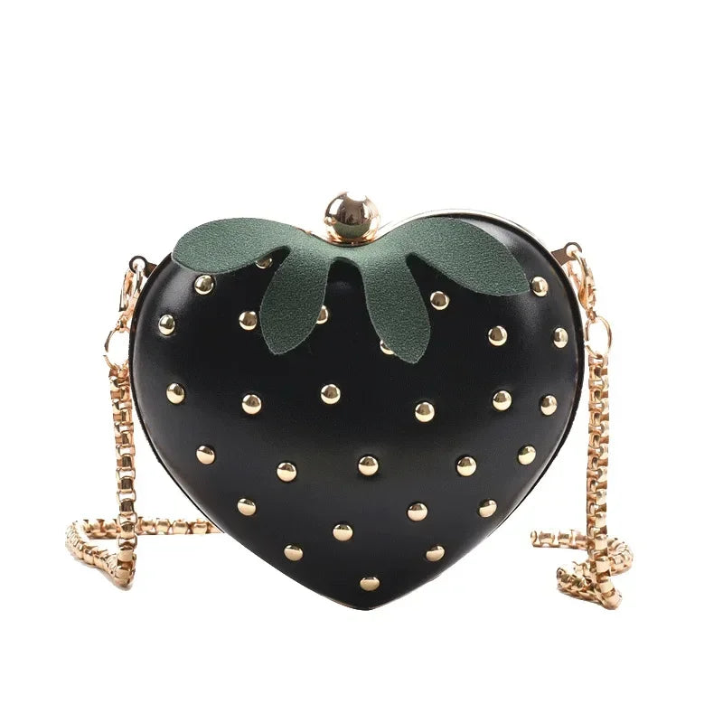 Cute Fruit Strawberry Heart Shape Pu Rivet Mini Fashion Ladies Chain Purse Clutch Bag Shoulder Bag Tote Female Flap Handbag Q5
