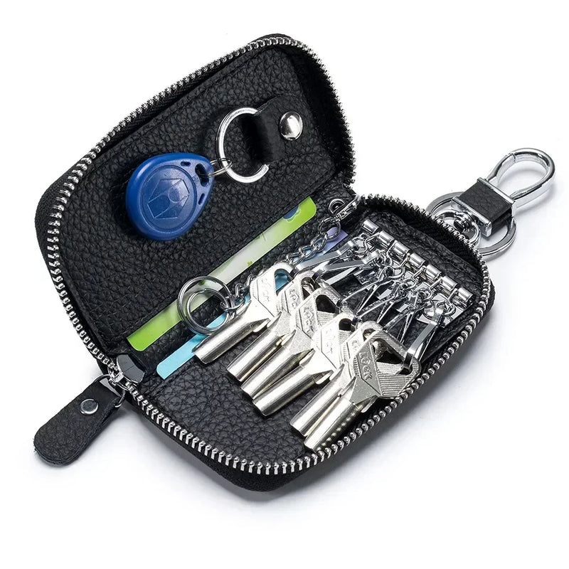 Fashion Simple Key Holder Genuine Leather Wallet Unisex Solid Color Key Wallet Organizer Bag Car Housekeeper Wallet Card Holder