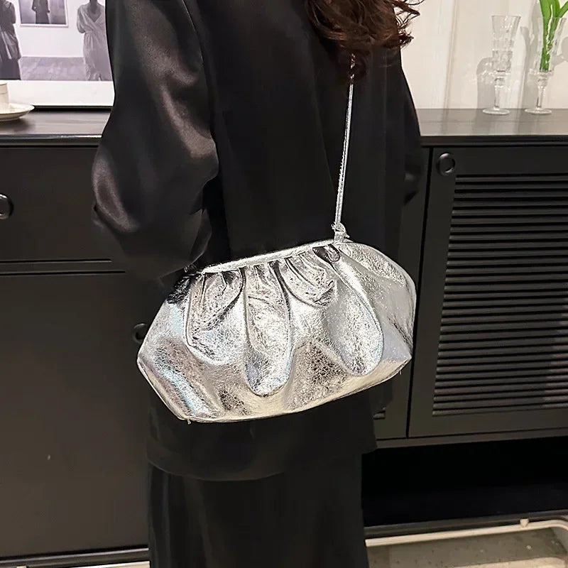 Small Luxury Design Women's Leather Silver Cloud Bag Female Gold Crossbody Bag Ladies Party Clutch Purse Female Handbags