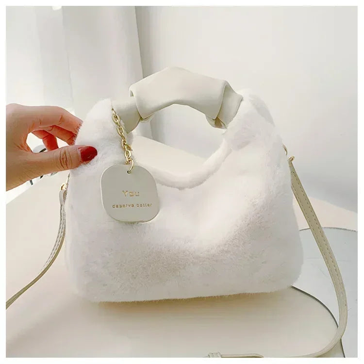 Women Faux Fur Plush Handbags Ruched Handle Small Lady Shoulder Crossbody Bag Casual Tote Half-Moon Hobos Winter Bags for Women