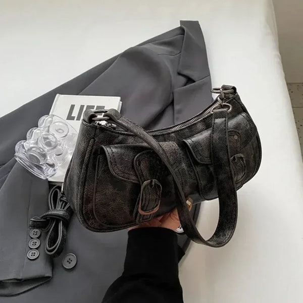 PU Leather Double Pocket Shoulder Bag - Women's Crossbody Handbag