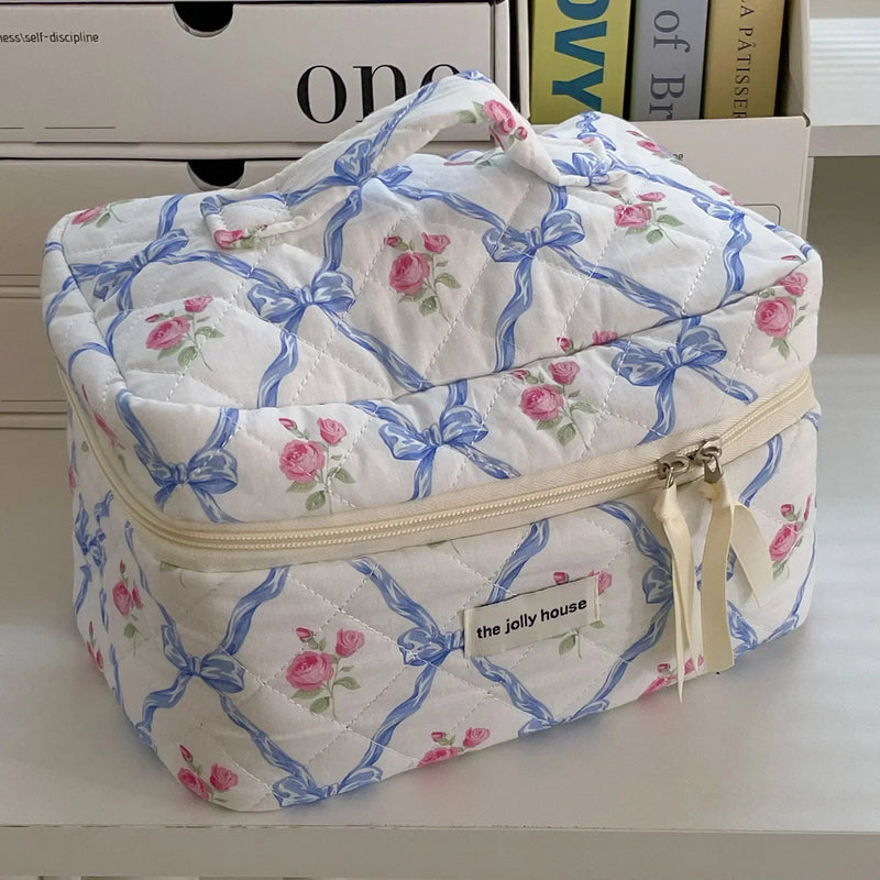 Cute Bow Flower Quilting Cotton Makeup Bag Women Zipper Cosmetic Organizer Female Cloth Handbag Portable Toiletry Case for Girls