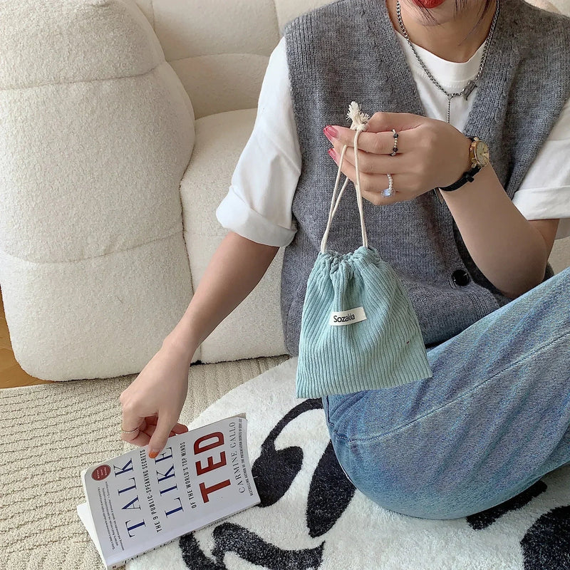 Corduroy Floral Storage Drawstring Bag Women Cosmetic Organizer Pouch Cute Makeup Bag Christmas Gift Candy Jewelry Organizer