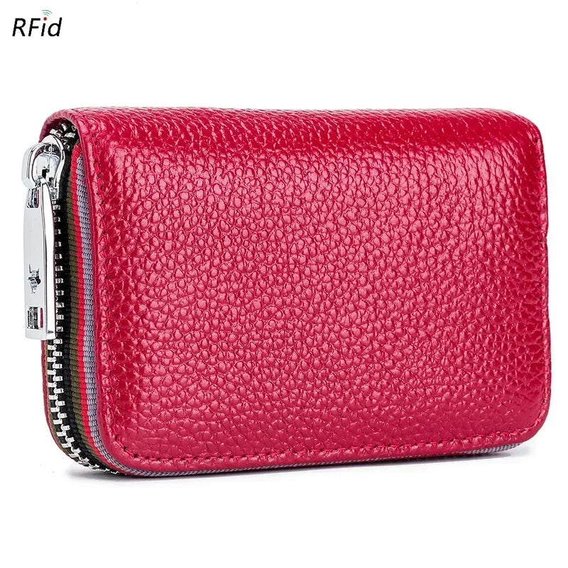 Genuine Leather Men Women Card Holder Small Zipper Wallet Solid Coin Purse Accordion Design Rfid ID Business Credit Card Bags