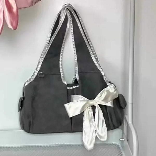 Harajuku Large Capacity Grey Tote Bag Women Fairycore Aesthetic Bow Vintage Shoulder Bag