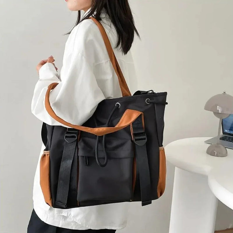 Splash Proof Nylon Fabric Shoulder Crossbody Bags for Women Multi-pocket Drawstring Tote Bag Large Capacity Student Book Handbag