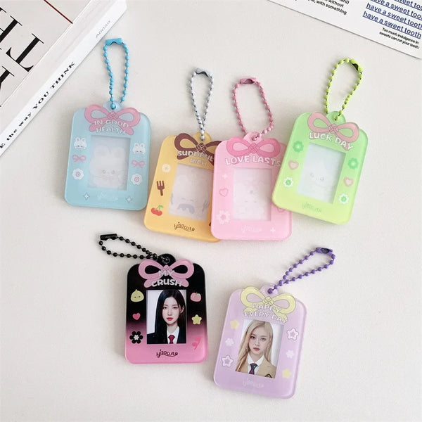 1PC Cartoon Bow Acrylic Hard Card Holder Kawaii Frame 1 inch Photo Card Holder Keychain Card Protctive Case