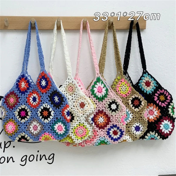 Crochet Floral Tote Bag Large Capacity Vintage Knitted Shoulder Handbag