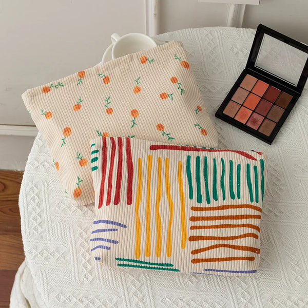 New Fashion Striped Corduroy Clutch Cosmetic Bag Large Capacity Makeup Pouch Toiletries Bag Travel Outdoor Makeup Storage