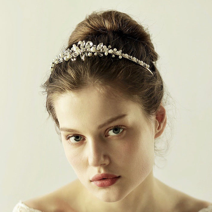 "Aleena" - Silver Pearl and Crystal Bridal Headband