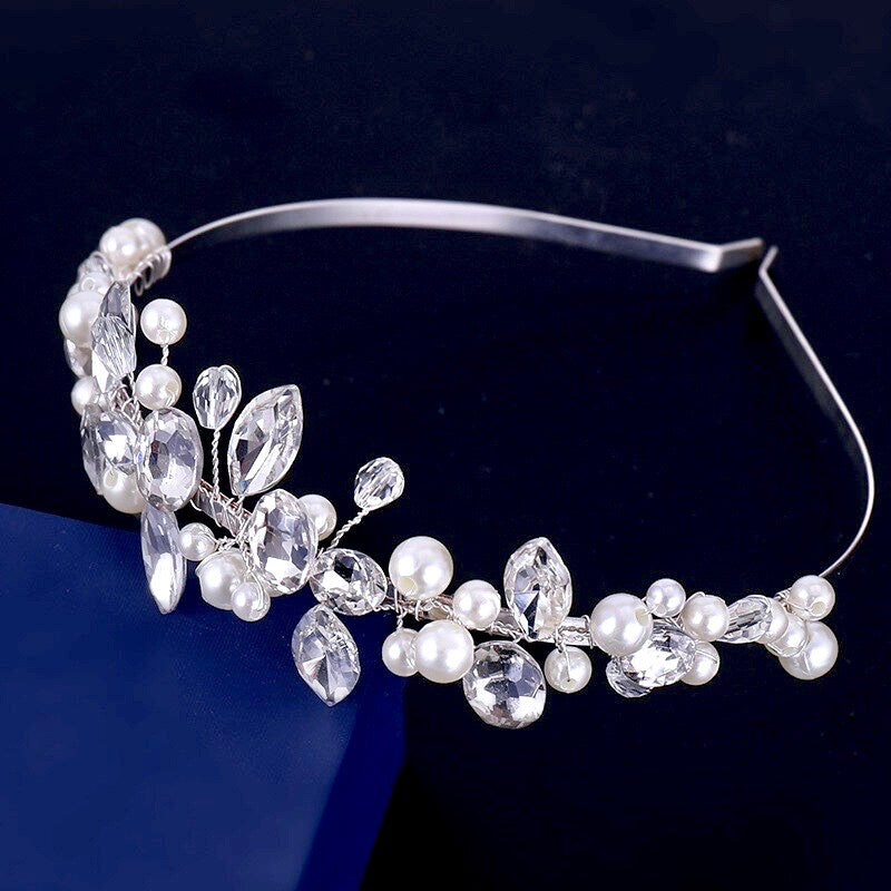 "Aleena" - Silver Pearl and Crystal Bridal Headband