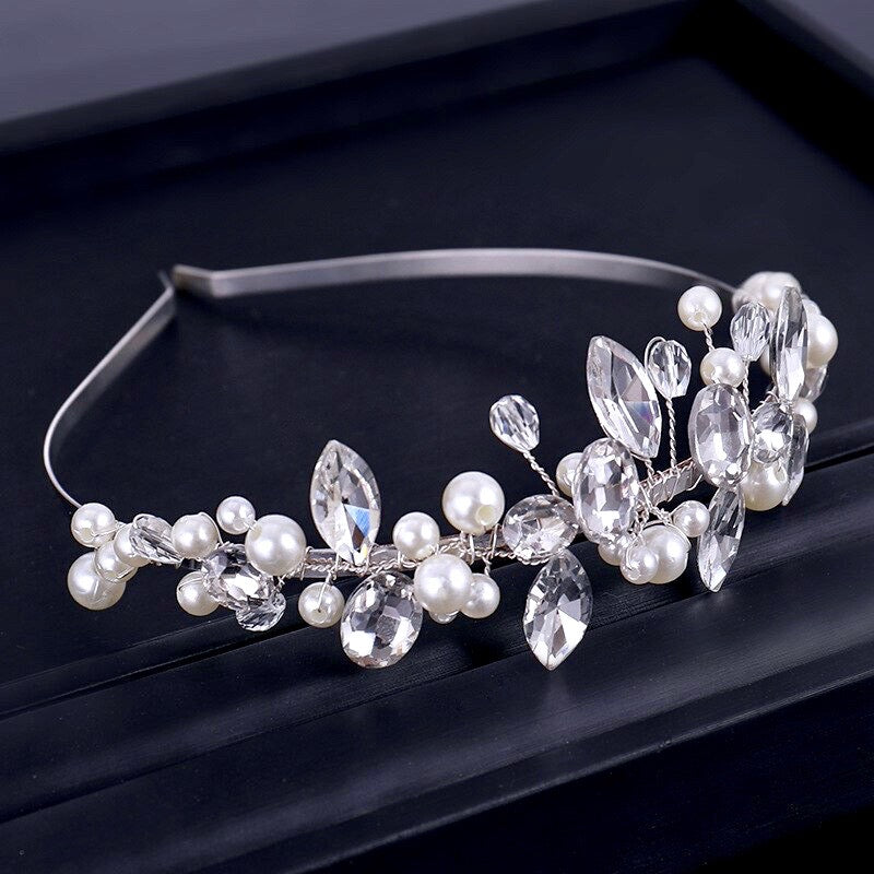 "Aleena" - Silver Pearl and Crystal Bridal Headband