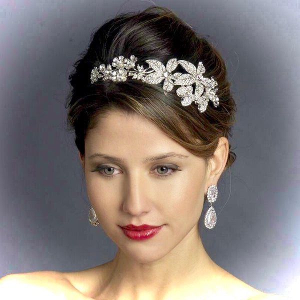 "Aleah" - Silver Pearl and Crystal Bridal Side-Headband/Tiara