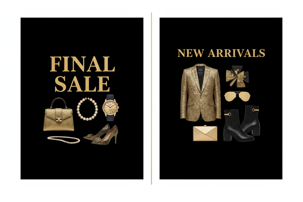 Create a luxury split-screen promotional banner for an upscale lifestyle brand. Left side: "FINAL SALE" in bold gold elegant serif font on black background with subtle luxury product imagery (designer items, accessories). Right side: "NEW ARRIVALS" in bold gold elegant serif font on black background with fresh premium products. Minimalist, sophisticated aesthetic. High-end fashion brand style. Black and gold color scheme. Clean, modern layout with subtle dividing line in center. Classy chic street vibe

