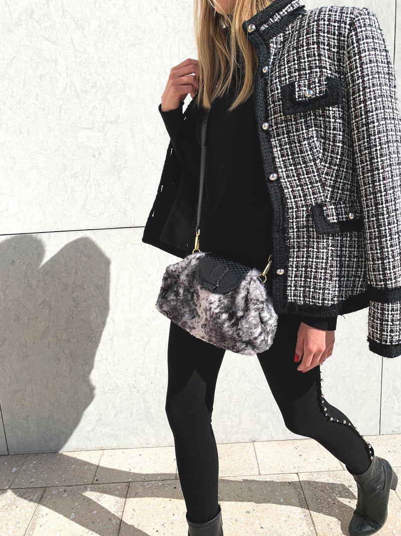 Serena in Faux Fur/Black Leather with Marble Chain